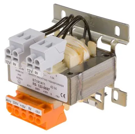 Produktfoto 1 von RS PRO 25 VA DIN-Schienen-Trafo, Primär 230 V ac, 400 V ac / Sekundär 2 x 12 V ac DIN-Hutschiene 2 Ausg., 192 mm x 172mm