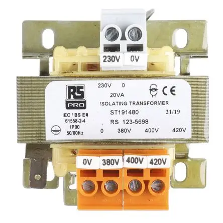 Produktfoto 1 von RS PRO DIN-Schienen-Trafo, 20VA, Primär 380 → 420V ac / Sekundär 230V ac DIN-Schiene 1 Ausg., 66mm x 56mm x 88mm