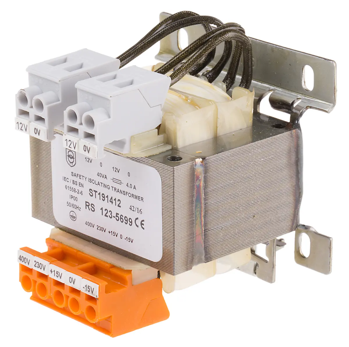 Produktfoto 1 von RS PRO DIN-Schienen-Trafo, 40VA, Primär 230V ac (+/- 15V) → 400V ac (+/- 15V) / Sekundär 2 x 12V ac DIN-Schiene,