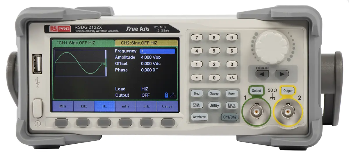 Produktfoto 1 von RS PRO Arbiträr-Funktionsgenerator mit LCD 120 MHz 2, 1 Hz / 20 V Pk-Pk, USB, USB-Host, LAN