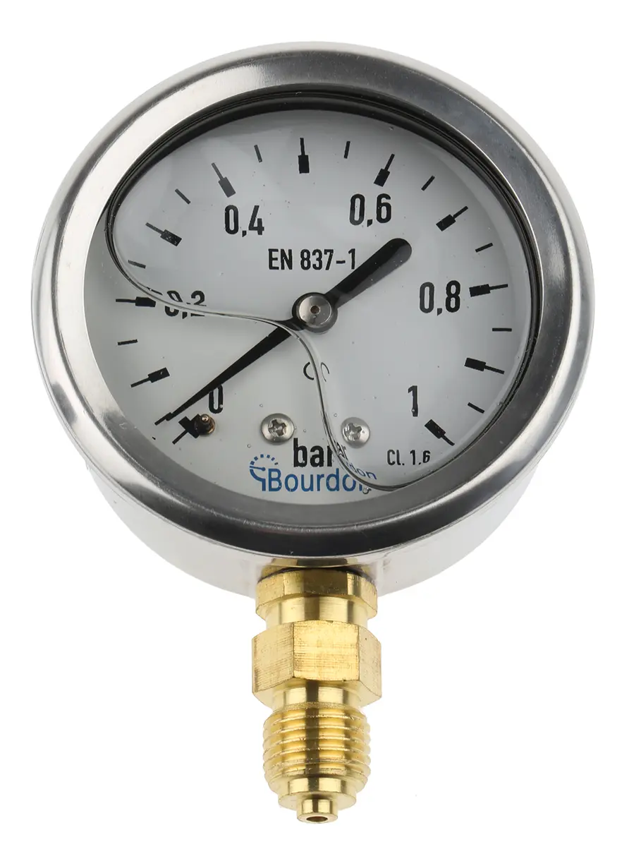 Produktfoto 1 von Bourdon Hydraulikdruckmessgerät 0bar ±2.5%, Ø 63mm Edelstahl Gehäuse G1/4, ISO-kalibriert