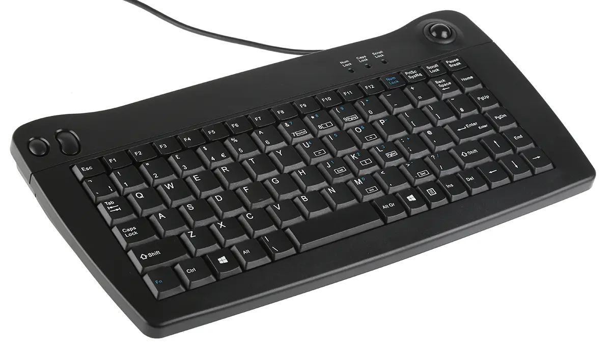 Produktfoto 1 von RS PRO Mini-Tastatur QWERTY (GB) Verdrahtet Schwarz PS2 Kompakt