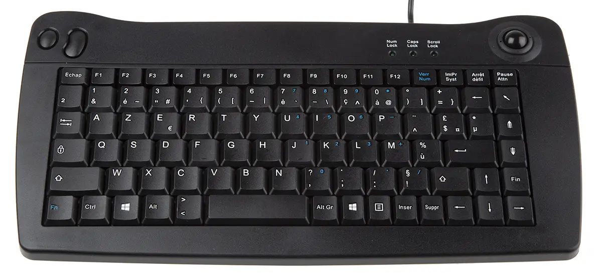 Produktfoto 1 von RS PRO Mini-Tastatur AZERTY Verdrahtet Schwarz USB Trackball