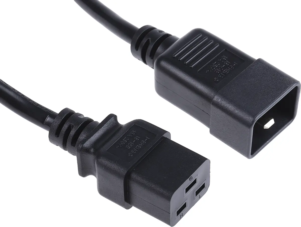 Produktfoto 1 von RS PRO Netzkabel, A IEC C19, B IEC C20, 5 m Schwarz Polyvinylchlorid, 250 V