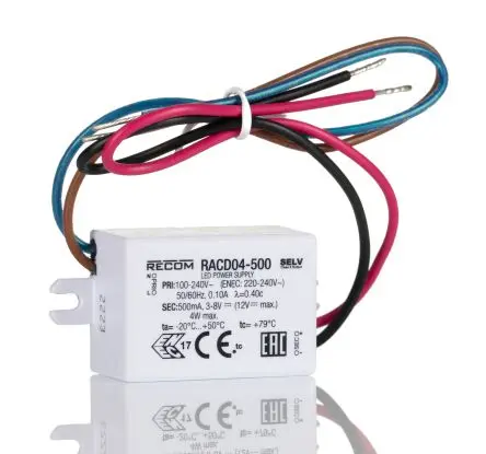 Produktfoto 1 von Recom LED-Treiber, 4 W 264V ac LED-Treiber 500mA, Ausgang 3V dc, 8 V dc