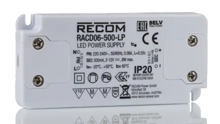 Produktfoto 1 von Recom LED-Treiber, 6 W 198V, 264 V LED-Treiber 500mA, Ausgang 12V dc, 2 V dc