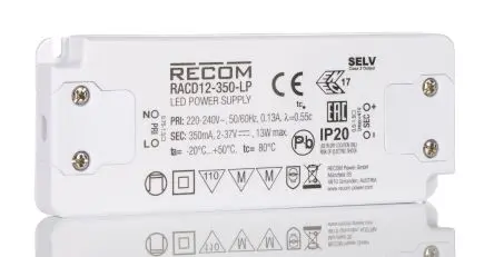 Produktfoto 1 von Recom LED-Treiber, 13 W 264V ac LED-Treiber 350mA, Ausgang 2V dc, 37 V dc
