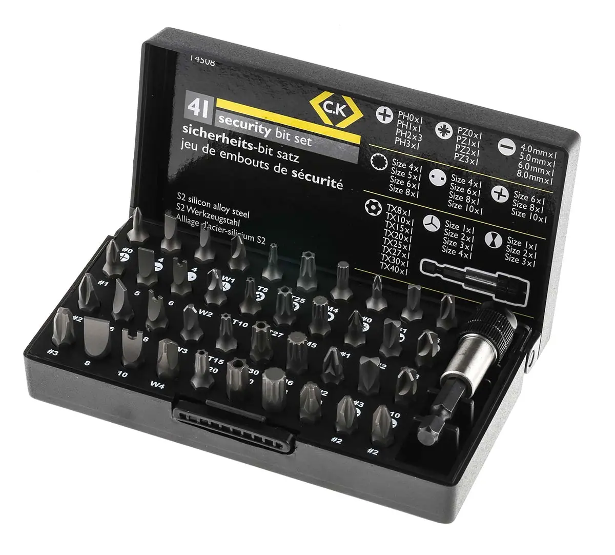 CK Phillips, Geschlitzt, Schraubenschlüssel, Torq-Set Mplus, Innensechsrund, Dreiflügelig Bitsatz, S2 Stahl PH0, PH1,