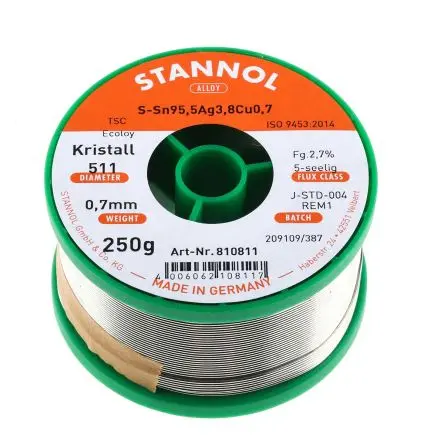 Produktfoto 1 von Stannol Draht Lötzinn bleifrei 95.5 %Sn 0 %Pb 0.7 %Cu 3.8 %Ag, 217 °C, Ø 0.7 mm / 250 g