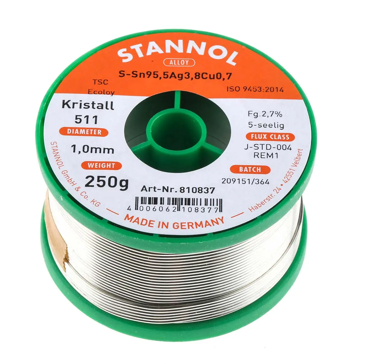 Produktfoto 1 von Stannol Kristall 511 Lötzinn bleifrei 95.5%Sn 0%Pb 0.7%Cu 3.8%Ag, 217°C, Ø 1mm / 250g
