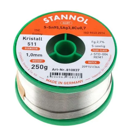 Produktfoto 1 von Stannol Draht Lötzinn bleifrei 95.5 %Sn 0 %Pb 0.7 %Cu 3.8 %Ag, 217 °C, Ø 1 mm / 250 g