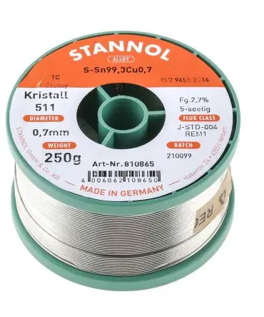 Produktfoto 1 von Stannol Draht Lötzinn bleifrei 99.3 %Sn 0 %Pb 0.7 %Cu, 227 °C, Ø 0.7 mm / 250 g