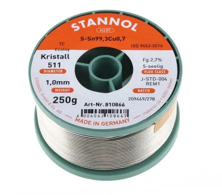 Produktfoto 1 von Stannol Draht Lötzinn bleifrei 99.3 %Sn 0 %Pb 0.7 %Cu, 227 °C, Ø 1 mm / 250 g