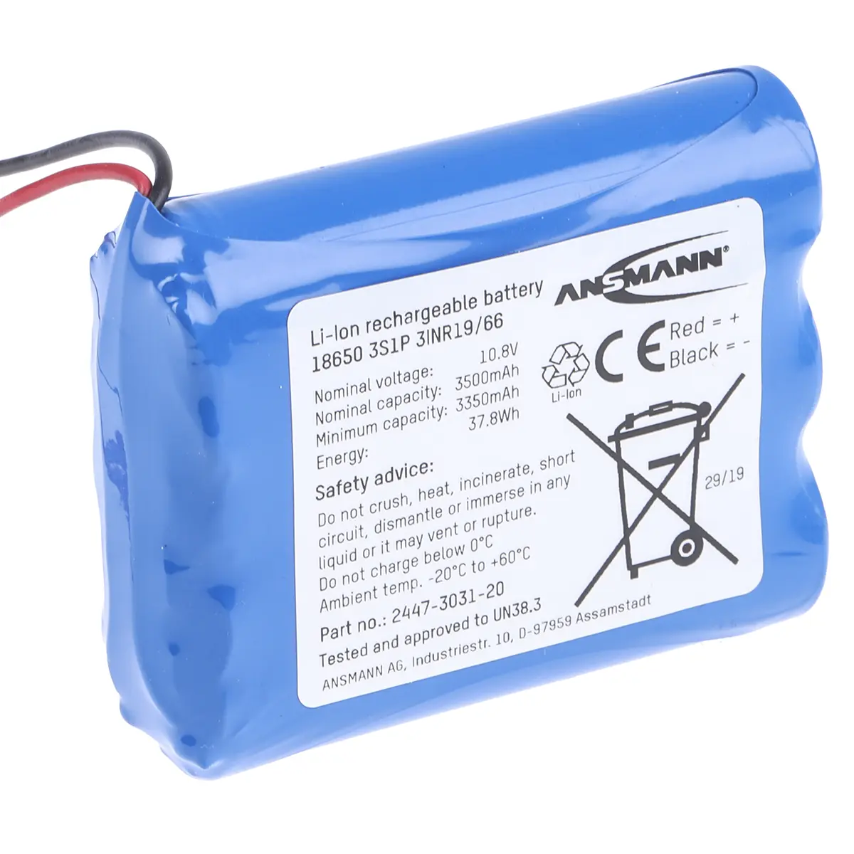 Produktfoto 1 von Ansmann Li-Ion Akkupack, 3-Zellen 10.905V / 3.5Ah, Draht-Anschluss
