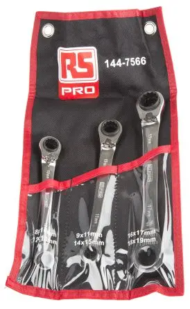 Produktfoto 1 von RS PRO Schraubenschlüsselsatz Ring-Maulschlüssel CrV-Stahl, 3-teilig 17 mm, 11 mm, 10 mm
