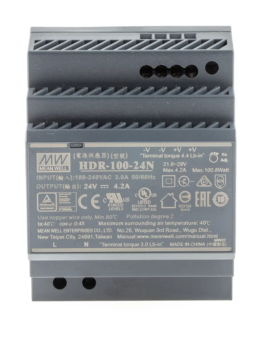 Produktfoto 1 von MEAN WELL HDR DIN-Schienen Netzteil Getaktet 24V dc / 4.2A 100.8W 85 → 264 V ac, 120 → 370V dc