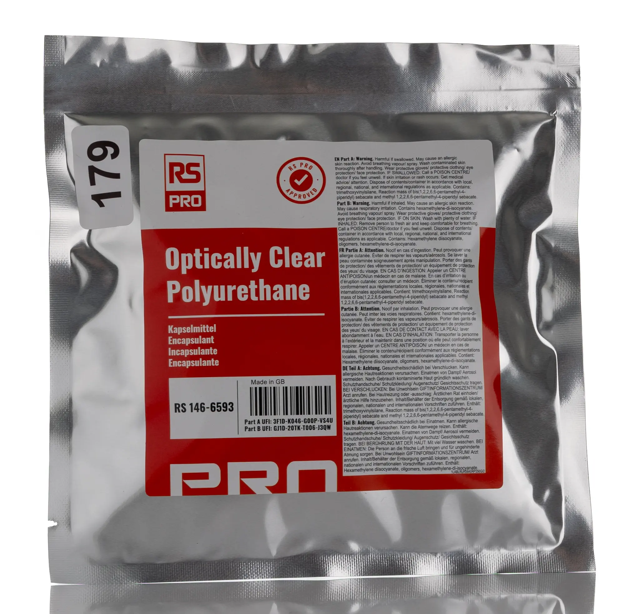 Produktfoto 1 von RS PRO PUR Vergussmasse, Aushärtung 24 h @ 23 °C, 4 h @ 60 °C 250 g Shore A75 transparent