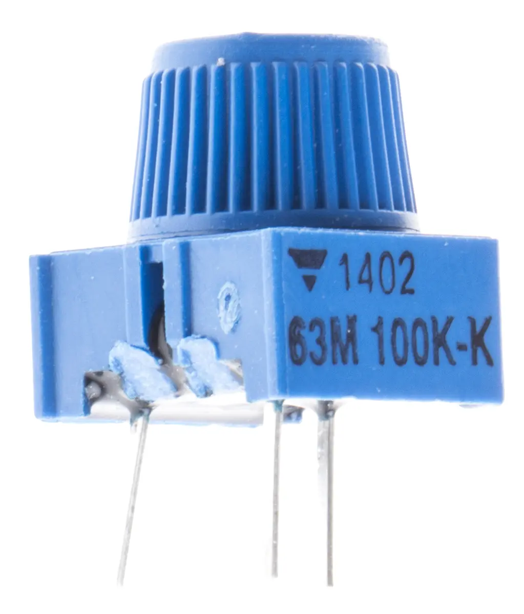 Produktfoto 1 von Vishay 63M 1-Gang THT Trimmer-Potentiometer, Einstellung von oben, 100kΩ, ±10%, 0.5W, Pin, L. 9.52mm