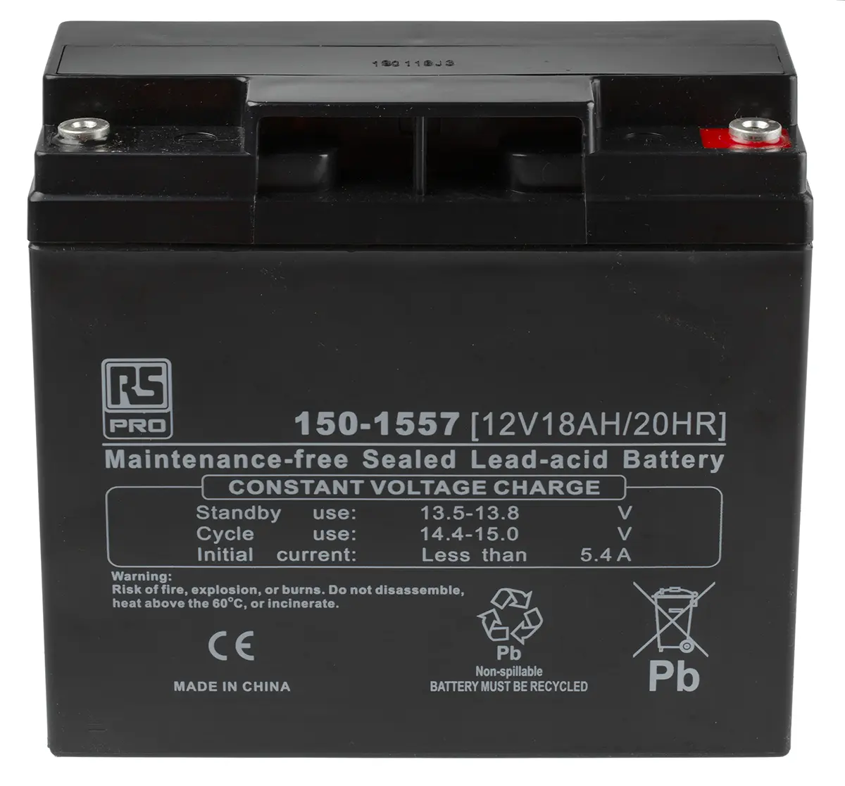 Produktfoto 1 von RS PRO RS PRO Abgedichteter Bleiakku, 12V / 18Ah, T12-Anschluss, 181.5 x 76.5 x 167.5mm