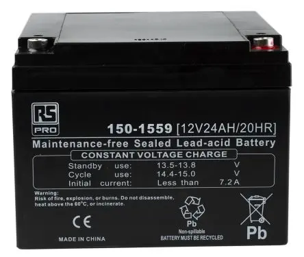 Produktfoto 1 von RS PRO RS PRO T12 Abgedichteter Bleiakku, 12 V / 24 Ah, 175mm x 125 mm