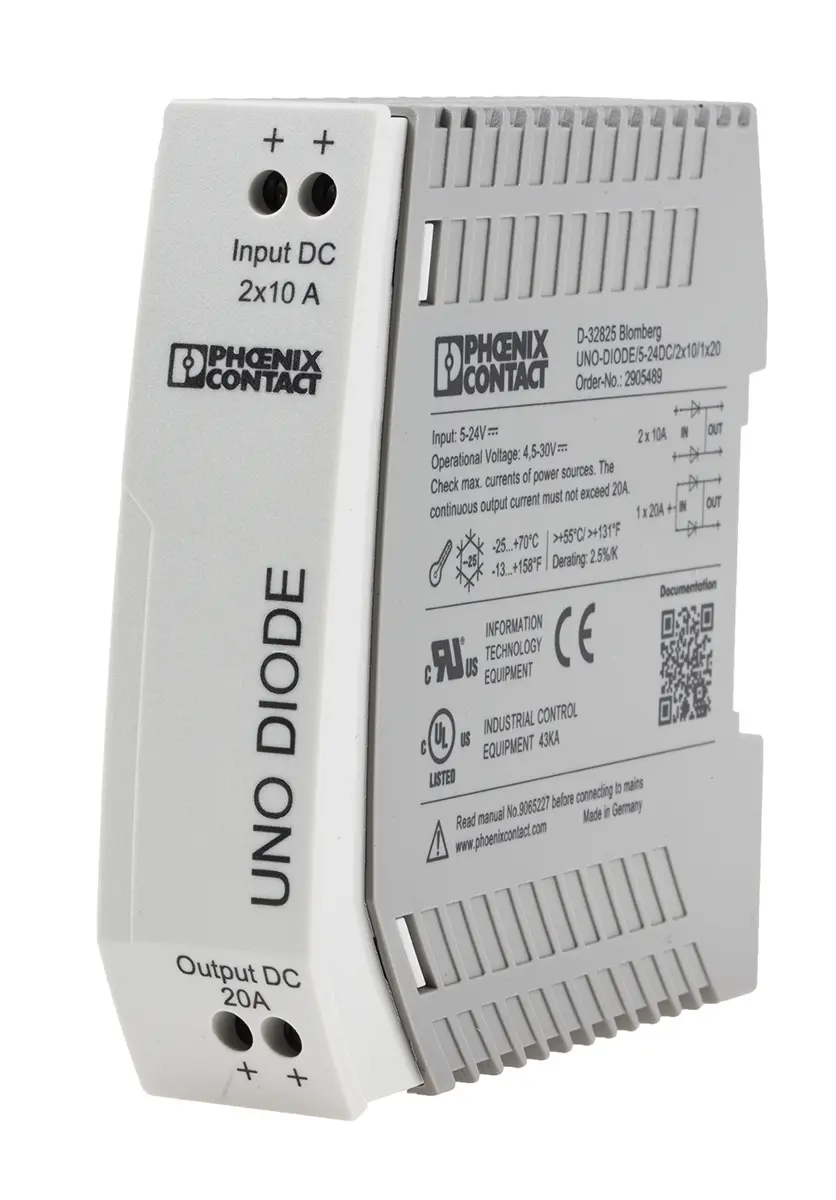 Produktfoto 1 von Phoenix Contact UNO-DIODE/5-24DC/2X10/1X20 Redundanzmodul für Paralleler Anschluss zweier Netzteileinheiten
