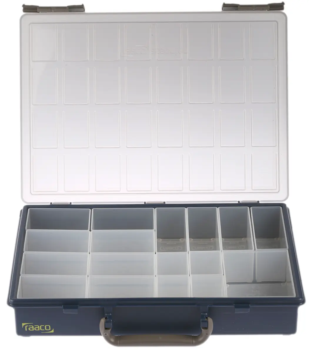 Produktfoto 1 von Raaco Kleinteilebox, Polypropylen Grau, Klar, 17 Fächer, 57 mm x 340 mm x 265 mm
