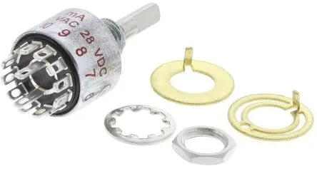 Produktfoto 1 von C & K 6-Stufen M Drehschalter DPST / 250mA Lot, 13.34 mm x 13.34mm x 31.37 mm