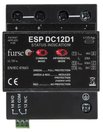 WJ Furse ESP-DCD1 Überlastschutzgerät Typ 1+2+3 SPD 100 kA 15V dc, DIN-Hutschiene, -40 °C→80 °C