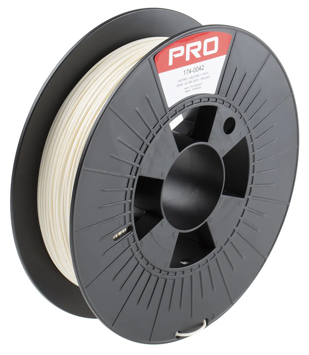 Produktfoto 1 von RS PRO ASA 3D-Drucker Filament zur Verwendung mit Gängige Desktop-3D-Drucker, Weiß, 1.75 mm, Fused Deposition Modelling