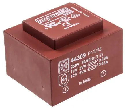 Produktfoto 1 von Myrra Printtrafo, Trafo 117 to 230 V ac / 2x12 V ac 2 Ausg. 16 VA 56.5 mm x 47.25mm x 38.75 mm 400 g