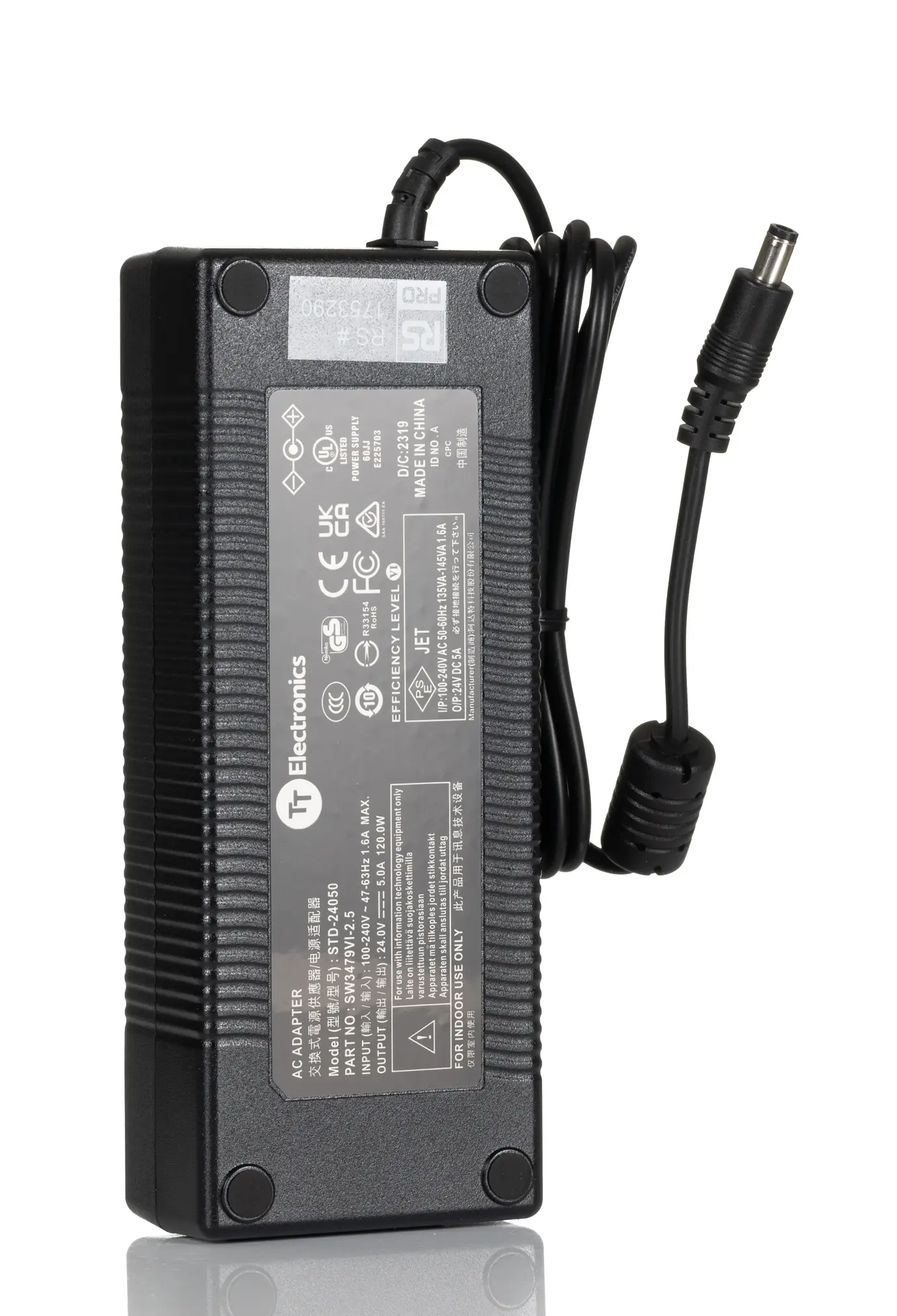 Produktfoto 1 von RS PRO Steckernetzteil 120W, 90 → 264V ac, 24V dc / 5A, IEC 320-C14 Anschluss