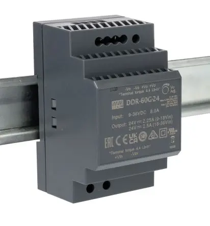 Produktfoto 1 von MEAN WELL DDR-60 DC/DC Konverter, 24V dc OUT 12 A DIN-Hutschiene 36V dc -40 °C 85 °C