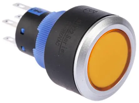 Produktfoto 1 von RS PRO KPB22 Druckschalter Gelb Beleuchtet Tastend Panel Ø 22.2 mm, 2-poliger Umschalter / 5A 36 V dc 250 V ac, IP65