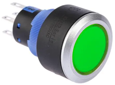 Produktfoto 1 von RS PRO KPB22 Druckschalter Grün Beleuchtet Tastend Panel Ø 22.2 mm, 2-poliger Umschalter / 5A 36 V dc 250 V ac, IP65