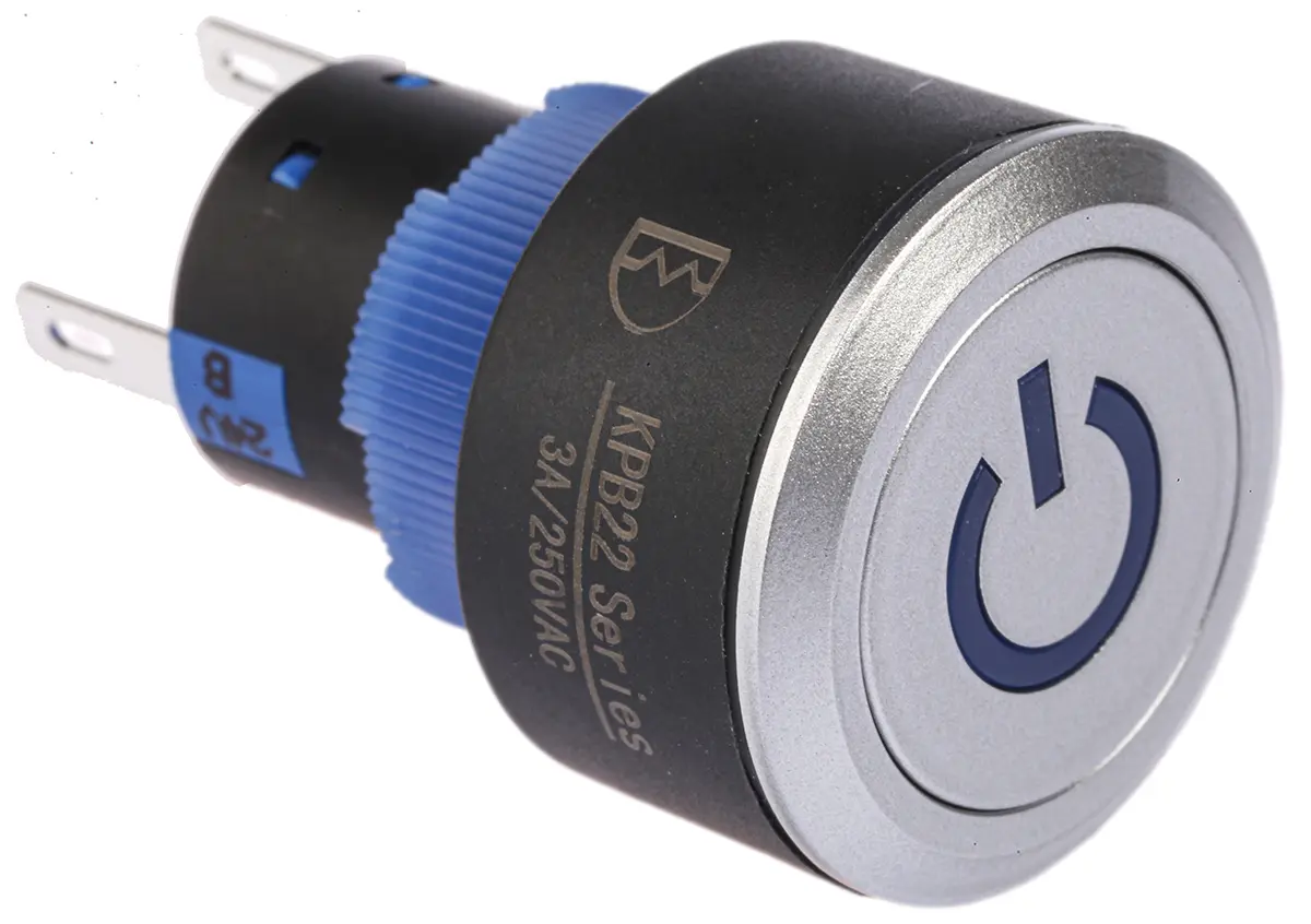 Produktfoto 1 von RS PRO KPB22 Druckschalter Blau Beleuchtet Tastend Panel Ø 22.2 mm, 1-poliger Umschalter / 5 A 36 V dc 250 V ac, IP65