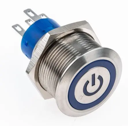 Produktfoto 1 von RS PRO MPB22 Druckschalter Blau Beleuchtet Tastend Panel Ø 22.2 mm, 1-poliger Umschalter / 5A 12 V dc 250 V ac, IP67