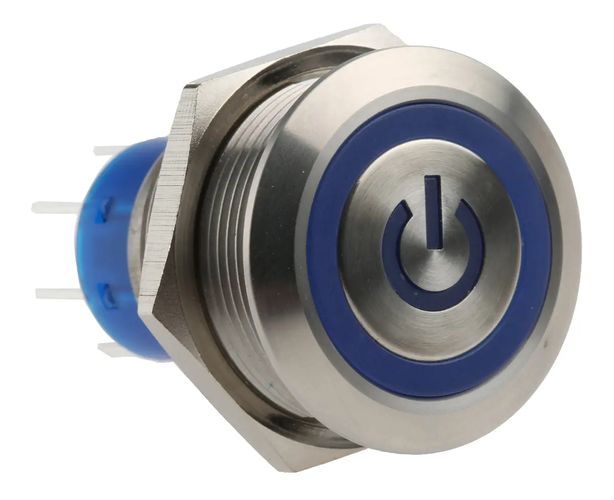 RS PRO MPB22 Druckschalter Blau Beleuchtet Tastend Panel Ø 22.2 mm, 2-poliger Umschalter / 5 A 36 V dc 250 V ac, IP40