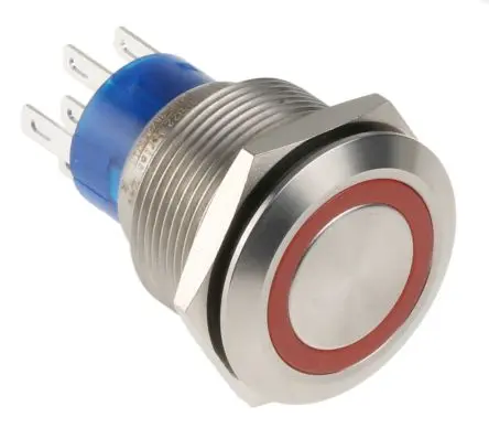Produktfoto 1 von RS PRO MPB22 Druckschalter Rot Beleuchtet Tastend Panel Ø 22.2 mm, 2-poliger Umschalter / 5A 36 V dc 250 V ac, IP67