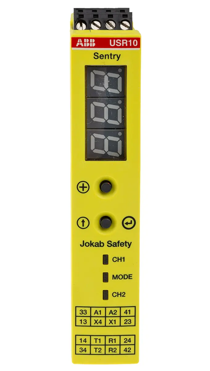 Produktfoto 1 von ABB Jokab USR10 Sicherheitsrelais, 24V dc, 2-Kanal, 4 Sicherheitskontakte Zeitverzögert, 3 Hilfsschalter, 4 ISO