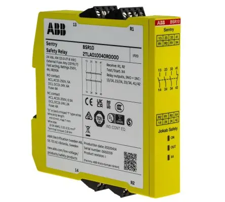 Produktfoto 1 von ABB Jokab BSR10 Sicherheitsrelais 24V dc, 4 Sicherheitskontakte, 3 Hilfsschalter, Mehrfach-Reset-Funktion RoHS SIL IEC
