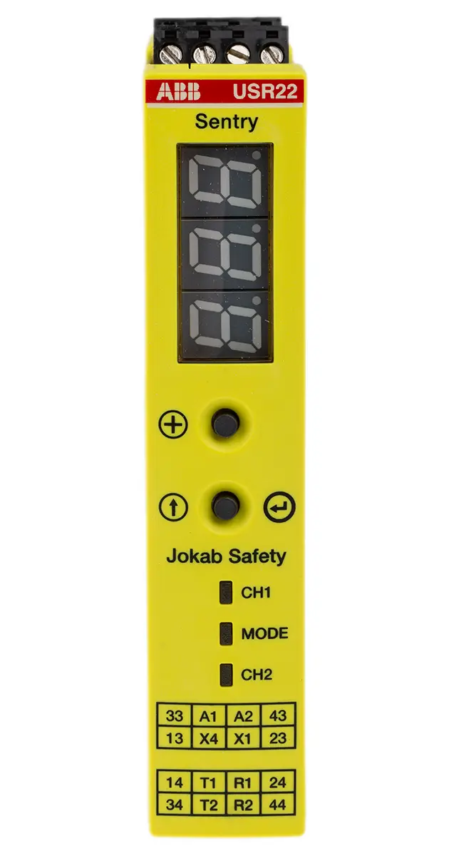 Produktfoto 1 von ABB Jokab USR22 Sicherheitsrelais 24V dc 2-Kanal 4 Sicherheitskontakte Zeitverzögert 4 Hilfsschalter 4 ISO 13849-1