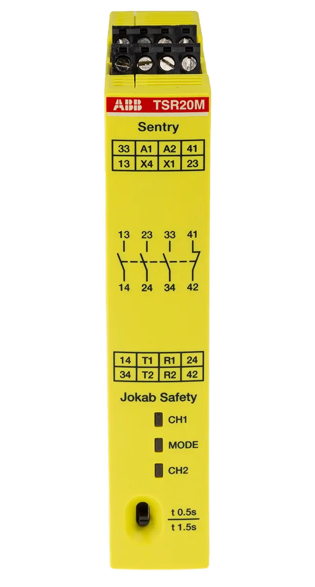 Produktfoto 1 von ABB Jokab TSR20M Sicherheitsrelais, 265 V ac, 375V dc, 2-Kanal, 4 Sicherheitskontakte Zeitverzögert, 3 Hilfsschalter, 4