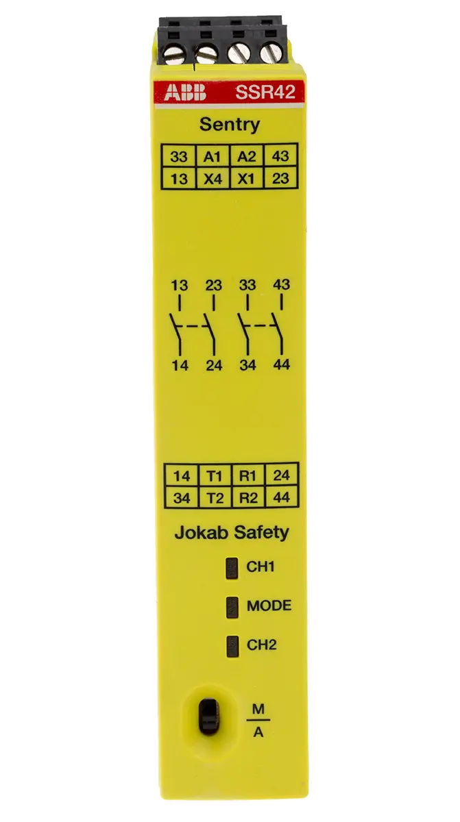 Produktfoto 1 von ABB Jokab SSR42 Sicherheitsrelais, 24V dc, 2-Kanal, 4 Sicherheitskontakte Zeitverzögert, 4 Hilfsschalter, 4 ISO