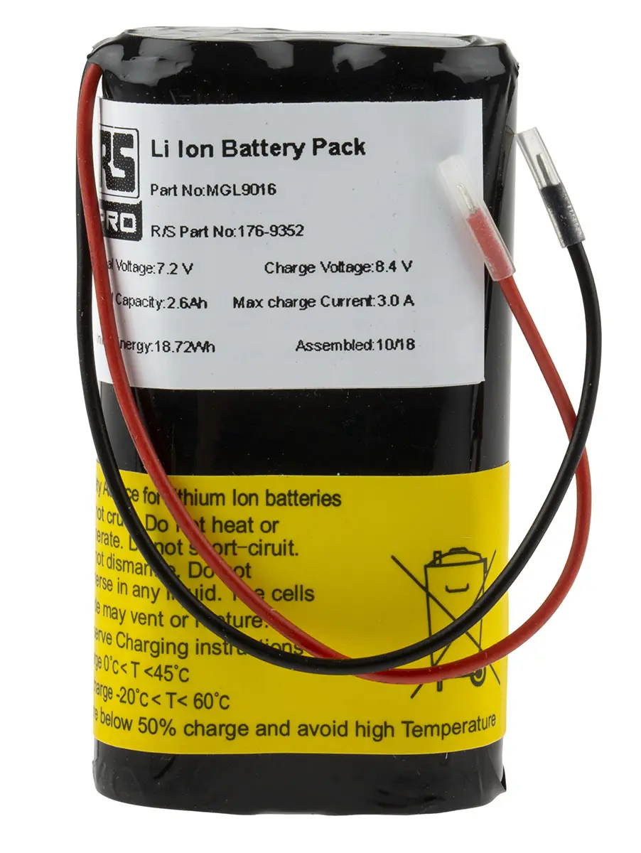 Produktfoto 1 von RS PRO Li-Ion Akkupack, 2-Zellen 7.2V / 2.6Ah, Draht-Anschluss