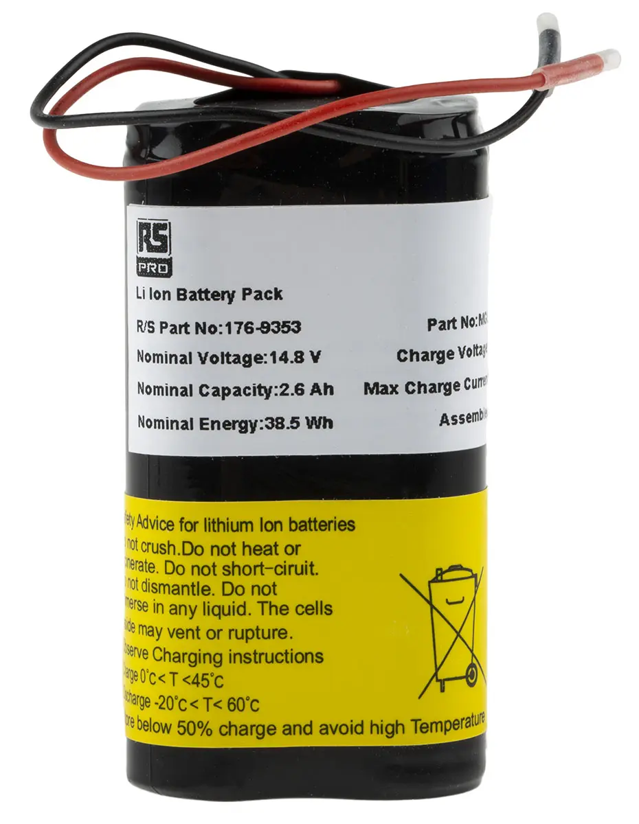 Produktfoto 1 von RS PRO Li-Ion Akkupack, 4-Zellen 14.4V / 2.6Ah, Draht-Anschluss