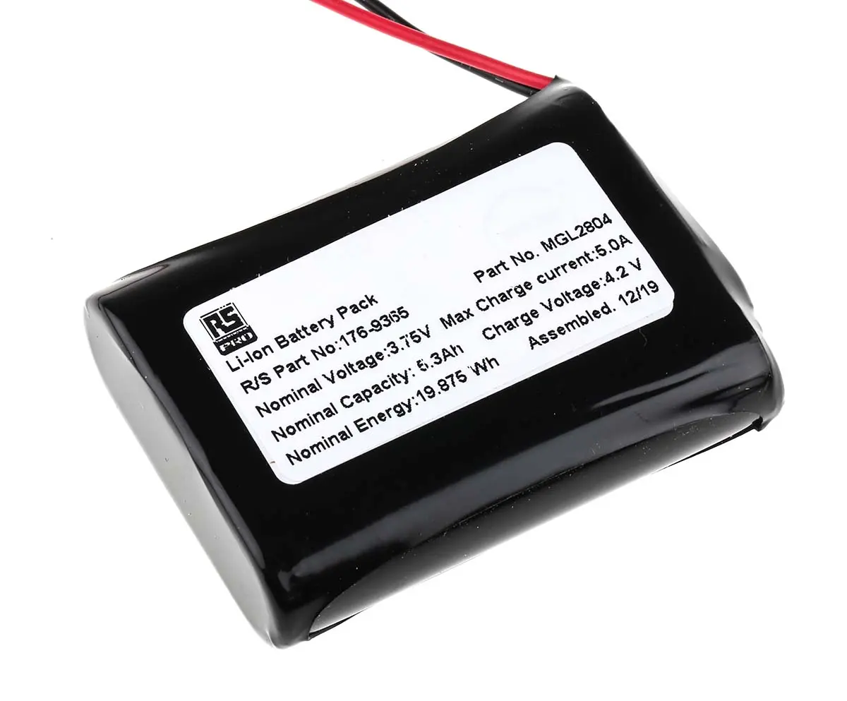 Produktfoto 1 von RS PRO Li-Ion Akkupack, 1-Zellen 3.6V / 5.3Ah, Draht-Anschluss