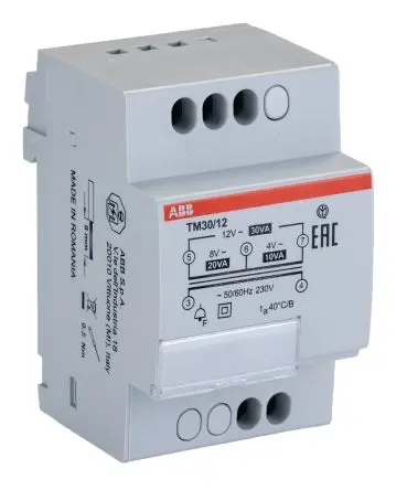 Produktfoto 1 von ABB 30 W Klingeltrafo, Primär 230 V / Sekundär 12 V ac, 4 V, 8 V DIN-Hutschiene 5 Ausg., 85 mm x 52.5mm x 65 mm