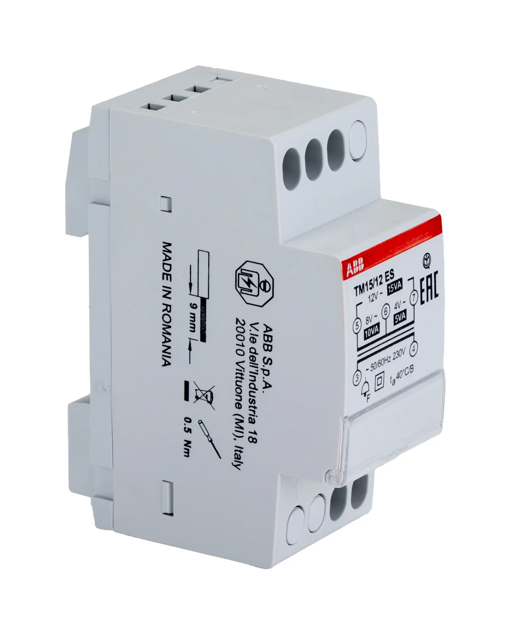 Produktfoto 1 von ABB DIN-Schienen-Trafo, 15W, Primär 230V / Sekundär 12V, 65mm x 35mm x 65mm