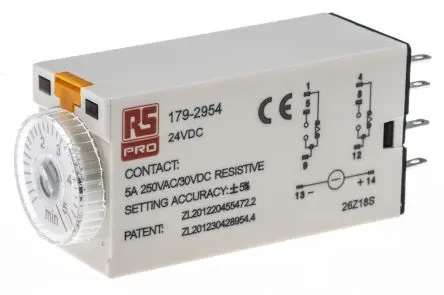 Produktfoto 1 von RS PRO TKB Zeitrelais 24 V dc 24V ac, 0.2 to 5 min, 2 Kont. 1, 2-poliger Umschalter