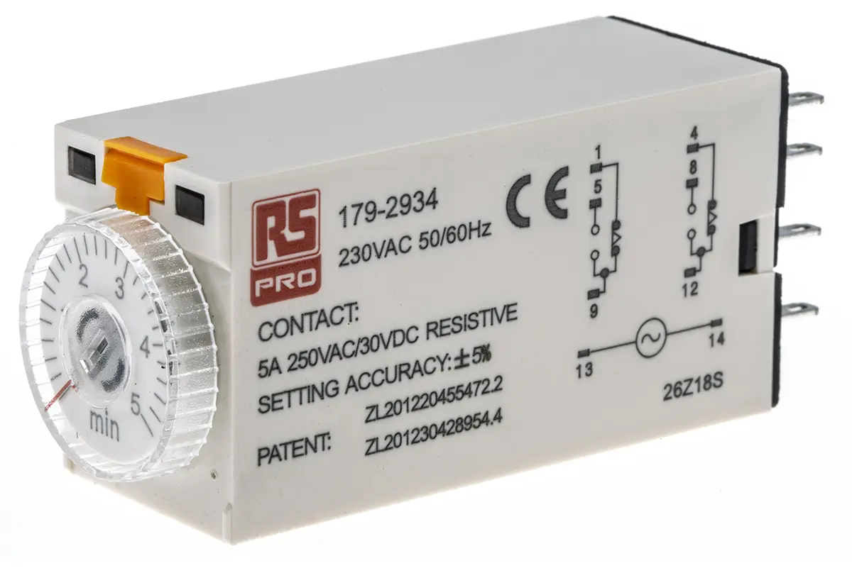 Produktfoto 1 von RS PRO Zeitrelais, Steckanschluss , 0.2 → 5min, 230V ac, 2 Kont. Einfach, 2-poliger Wechsler